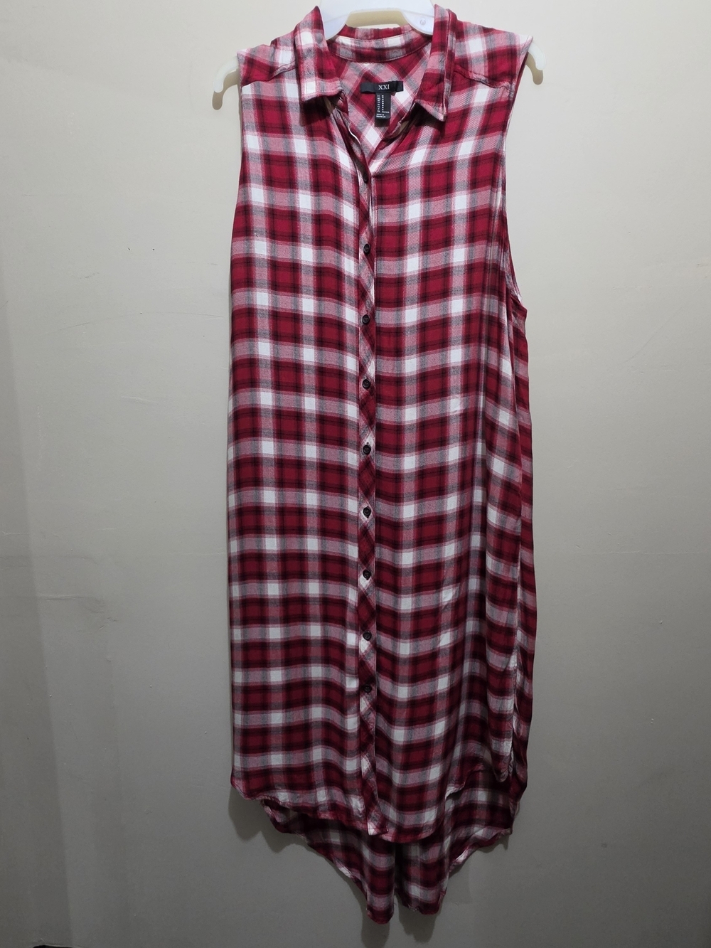 XXI Womens M Red Plaid Sleeveless Button Front Shirt Dress Slits Side Rayon